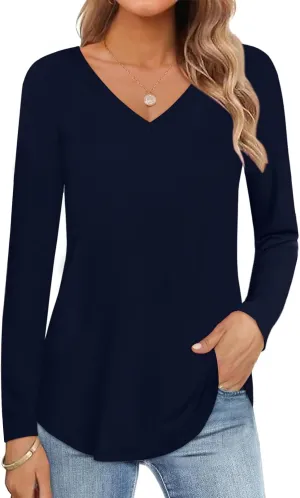 Womens Shirt Long Sleeve V Neck T-Shirt Cotton Tops Basic Tees