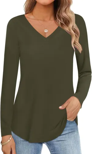 Womens Shirt Long Sleeve V Neck T-Shirt Cotton Tops Basic Tees