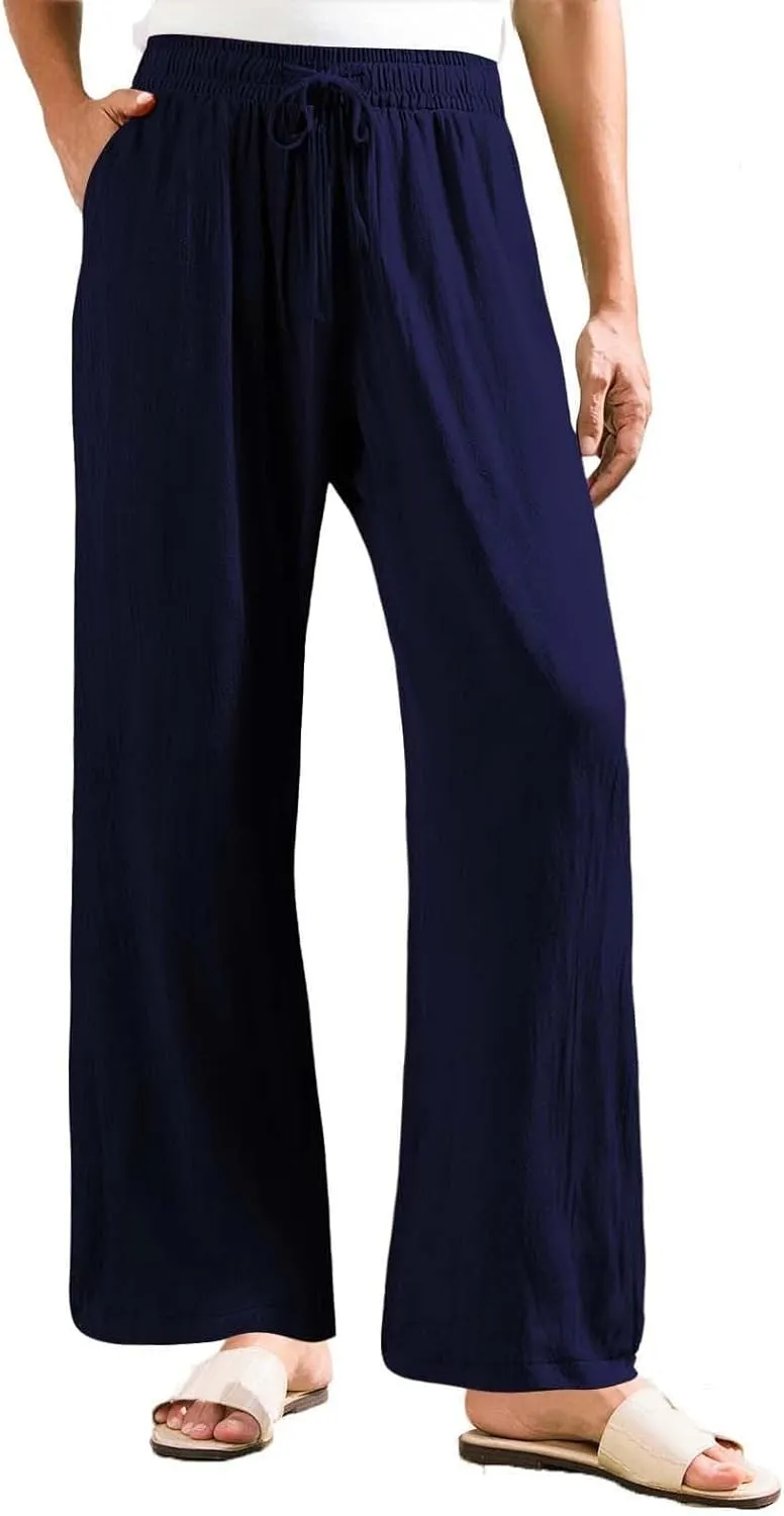 Womens Solid Cotton Linen Straight Pants Drawstring Summer High-Waist Pant Loose Flowy Trousers for Vacation Beach Travel