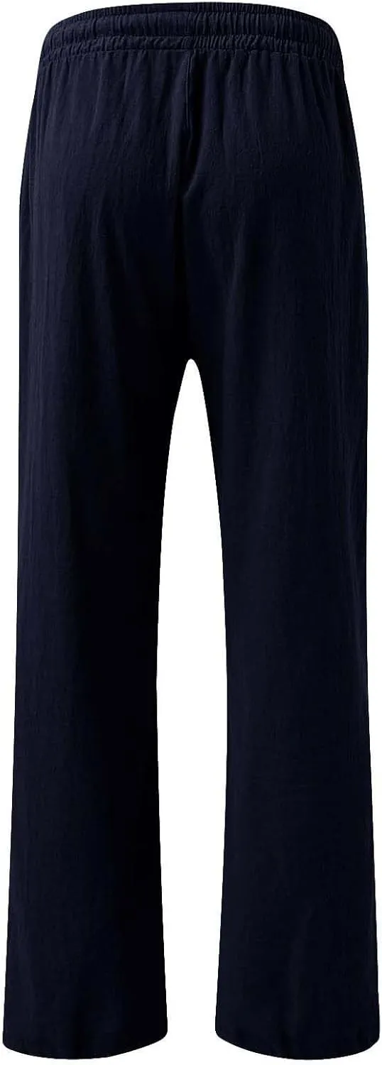Womens Solid Cotton Linen Straight Pants Drawstring Summer High-Waist Pant Loose Flowy Trousers for Vacation Beach Travel