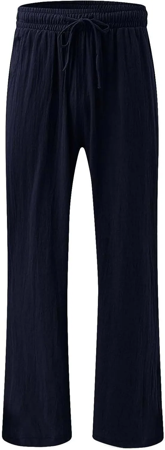Womens Solid Cotton Linen Straight Pants Drawstring Summer High-Waist Pant Loose Flowy Trousers for Vacation Beach Travel