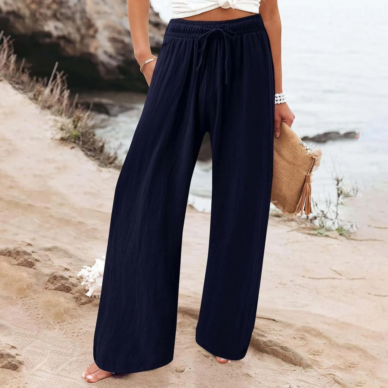 Womens Solid Cotton Linen Straight Pants Drawstring Summer High-Waist Pant Loose Flowy Trousers for Vacation Beach Travel