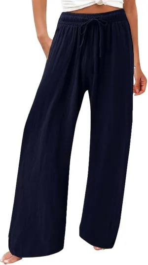 Womens Solid Cotton Linen Straight Pants Drawstring Summer High-Waist Pant Loose Flowy Trousers for Vacation Beach Travel