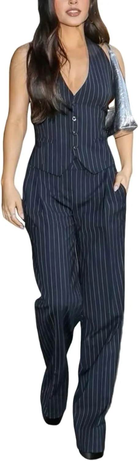 Women's Stripe Vest Pants Set Business 2 Piece Outfits Office Lady Suit