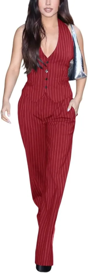 Women's Stripe Vest Pants Set Business 2 Piece Outfits Office Lady Suit