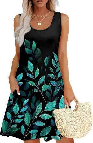 Womens Summer Dresses 2025 Casual Soft Loose U Neck Sleeveless Sundresses Boho Tank Dress Floral Dresses with Pockets