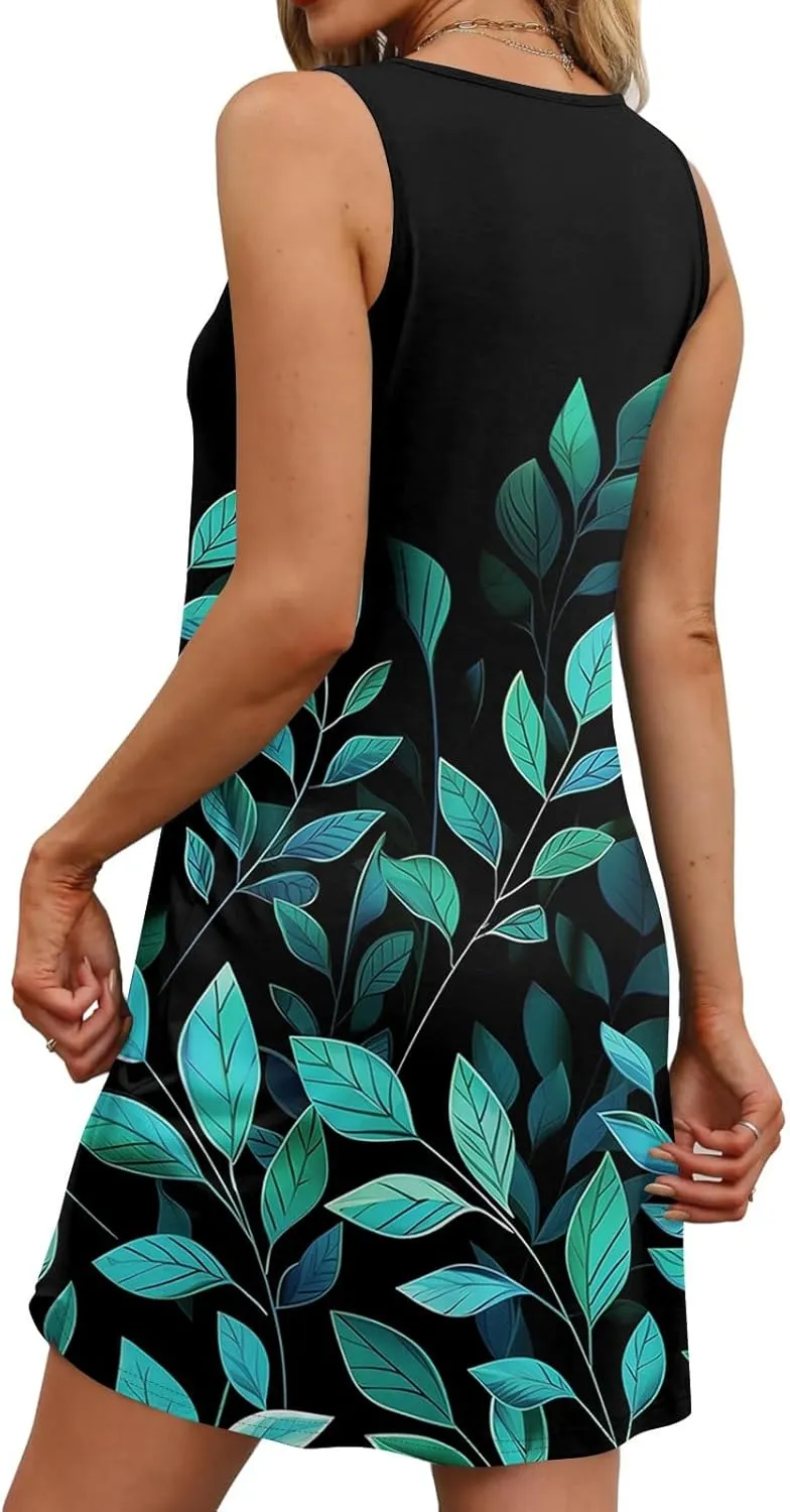 Womens Summer Dresses 2025 Casual Soft Loose U Neck Sleeveless Sundresses Boho Tank Dress Floral Dresses with Pockets
