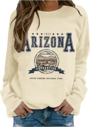 Womens Sweatshirts Preppy Hoodies Oversized Graphic Sweatshirt for Women Arizona Long Sleeve Drop Shoulder Crew Neck Pullover Preppy Cute Fall Sweater Beige Large
