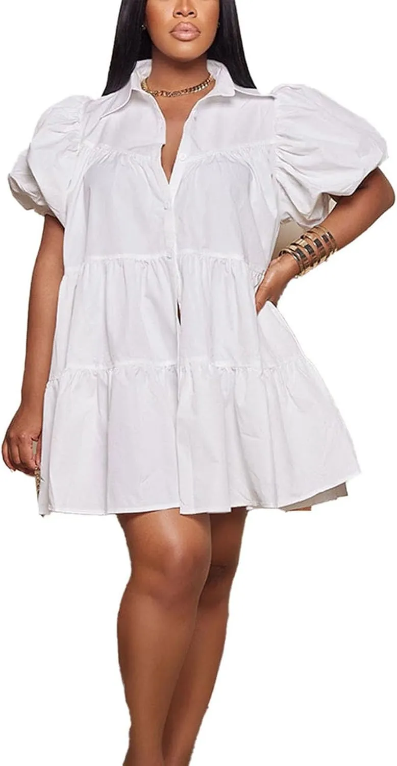 Women's Tiered Babydoll Mini Shirt Dress Loose Puff Sleeve Ruffle Hem Pleated Mini Shirt Dress