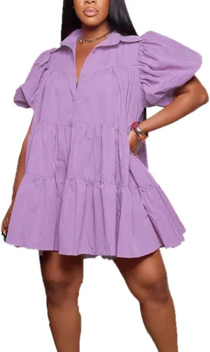 Women's Tiered Babydoll Mini Shirt Dress Loose Puff Sleeve Ruffle Hem Pleated Mini Shirt Dress