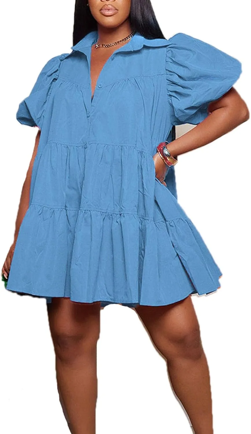 Women's Tiered Babydoll Mini Shirt Dress Loose Puff Sleeve Ruffle Hem Pleated Mini Shirt Dress