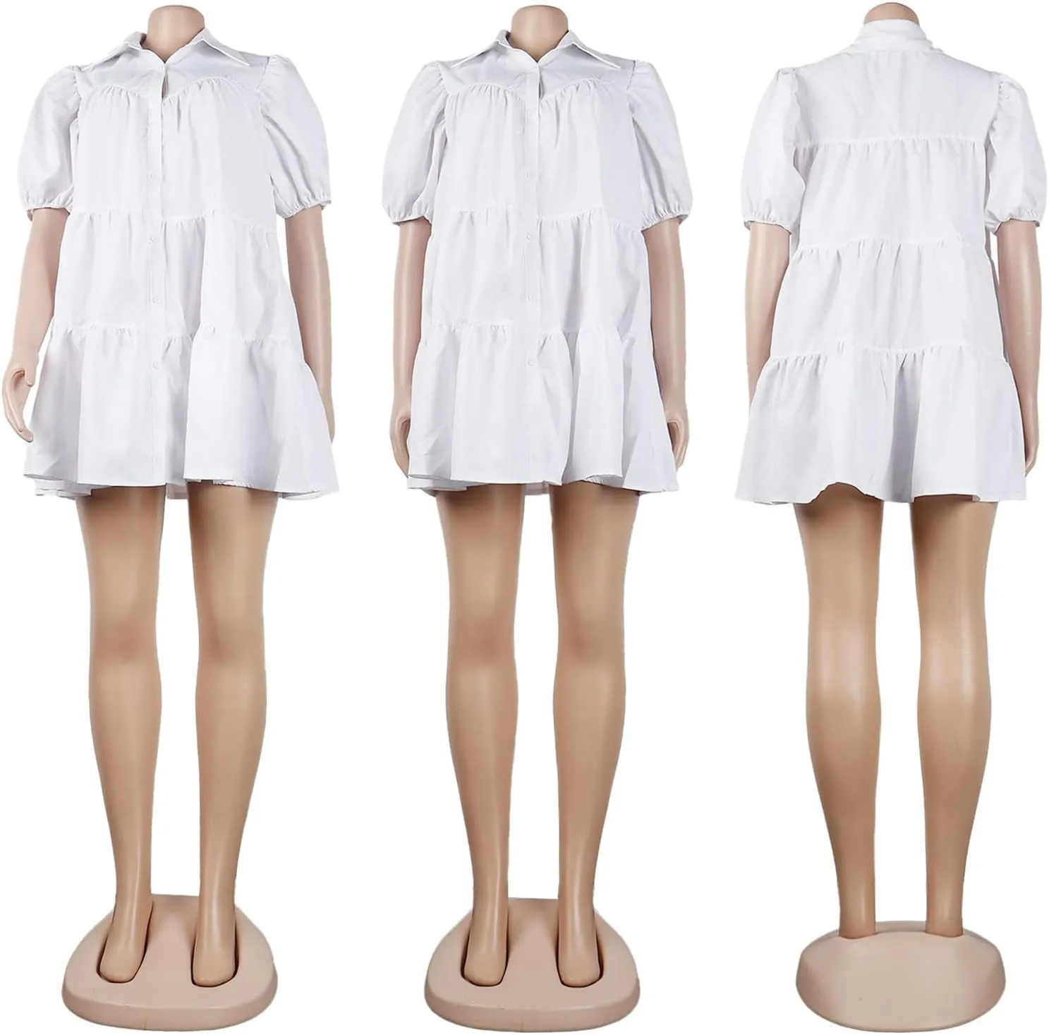 Women's Tiered Babydoll Mini Shirt Dress Loose Puff Sleeve Ruffle Hem Pleated Mini Shirt Dress