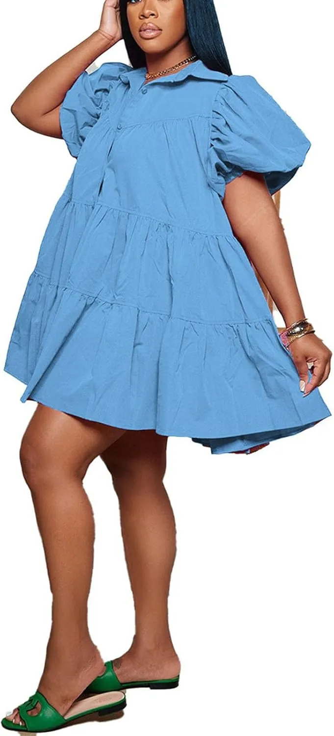 Women's Tiered Babydoll Mini Shirt Dress Loose Puff Sleeve Ruffle Hem Pleated Mini Shirt Dress