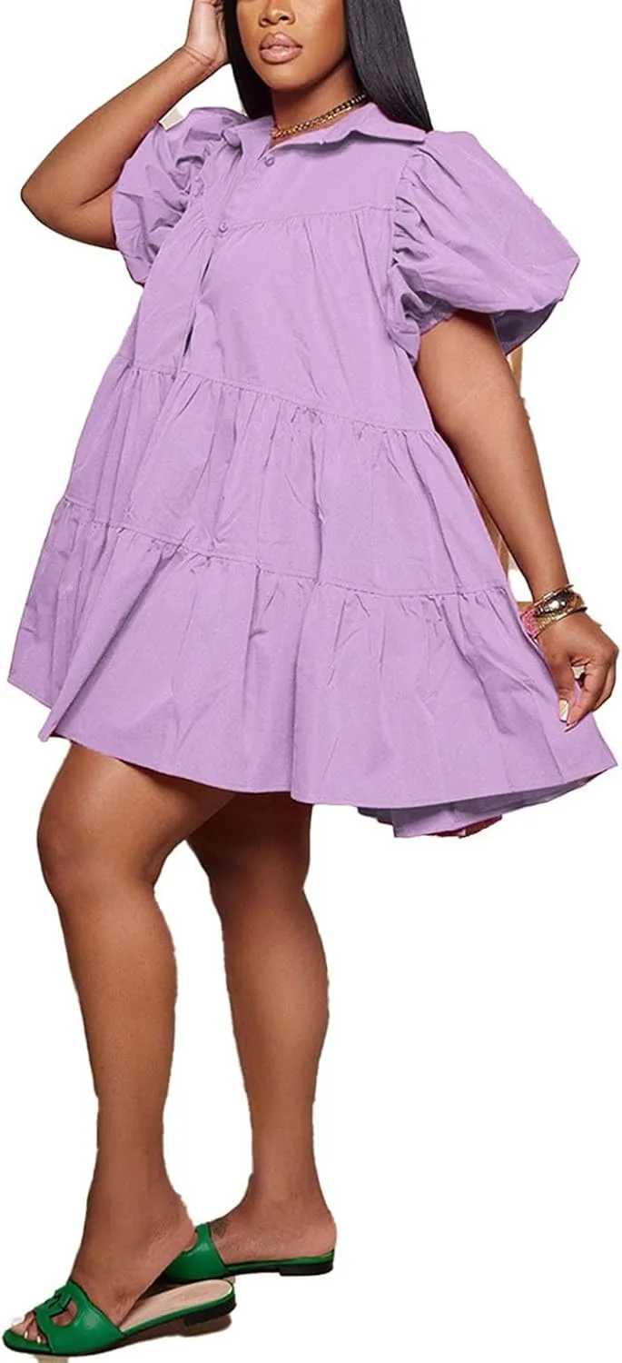 Women's Tiered Babydoll Mini Shirt Dress Loose Puff Sleeve Ruffle Hem Pleated Mini Shirt Dress