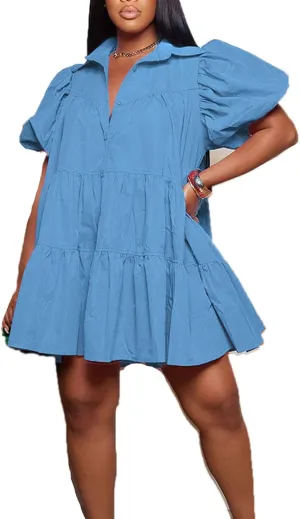 Women's Tiered Babydoll Mini Shirt Dress Loose Puff Sleeve Ruffle Hem Pleated Mini Shirt Dress