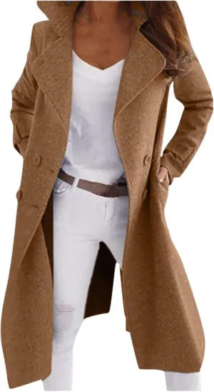 Womens Trench Coat Cashmere Wool Blend Winter Coat Single Breasted Long Sleeve Work Office Pea Coats Overcoat