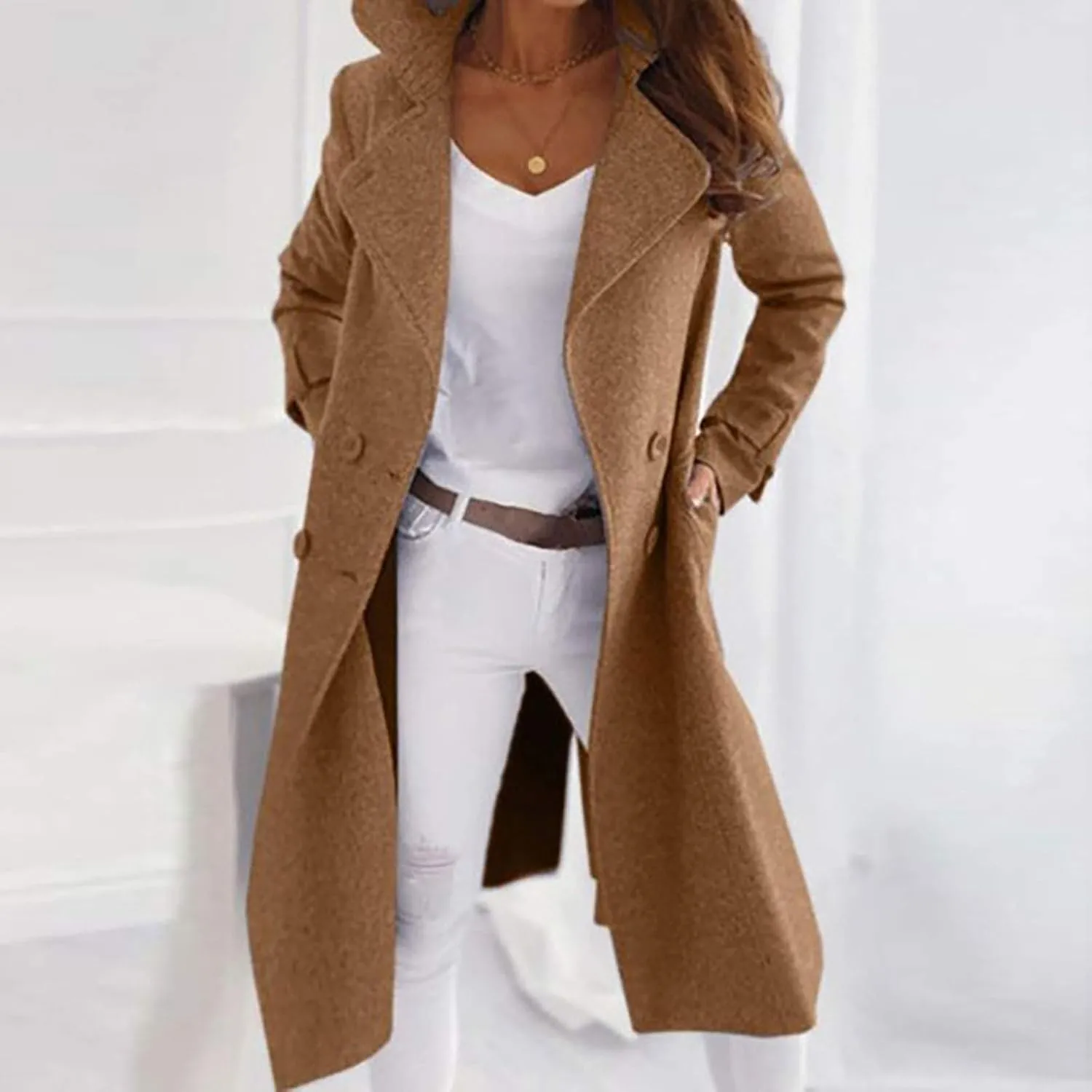 Womens Trench Coat Cashmere Wool Blend Winter Coat Single Breasted Long Sleeve Work Office Pea Coats Overcoat