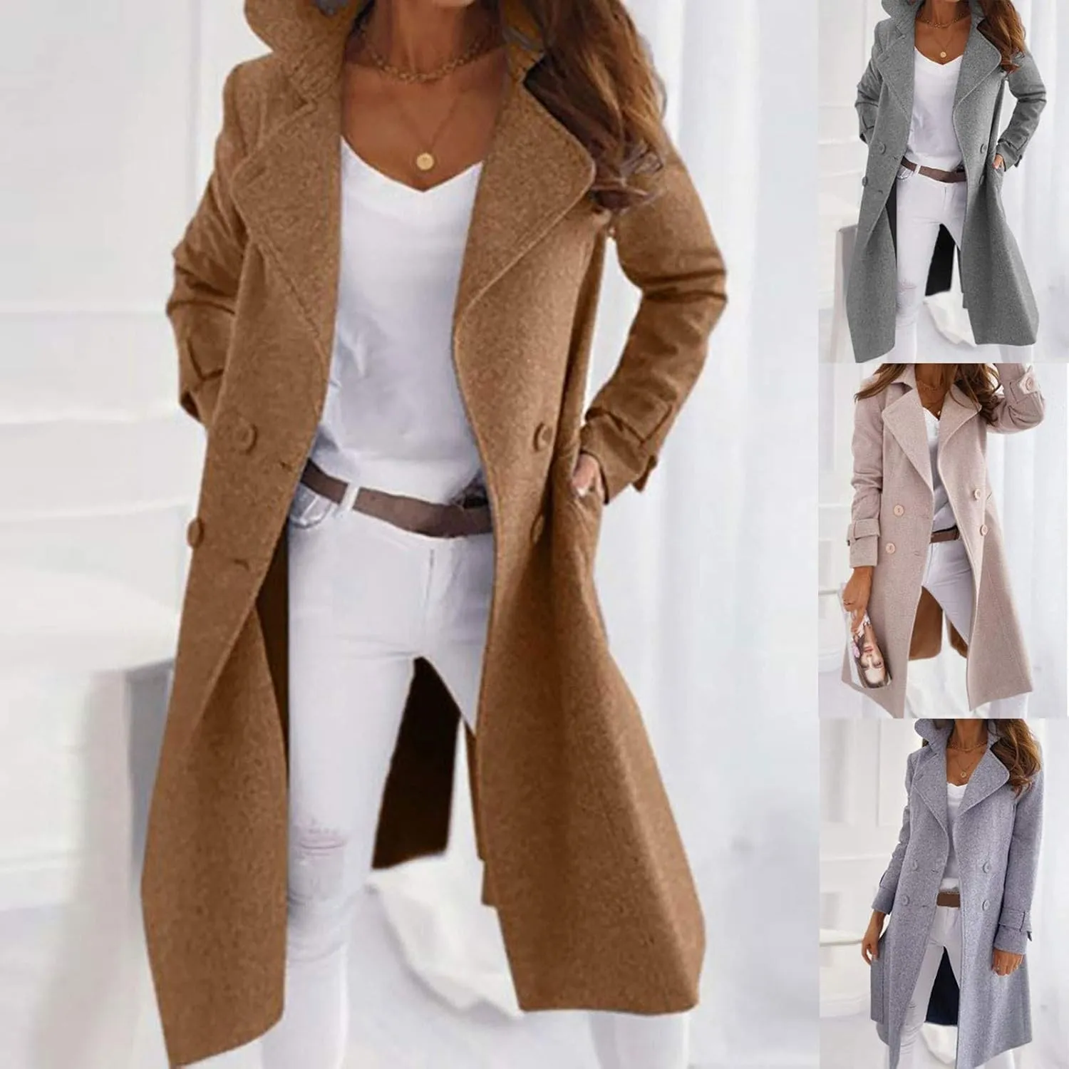 Womens Trench Coat Cashmere Wool Blend Winter Coat Single Breasted Long Sleeve Work Office Pea Coats Overcoat