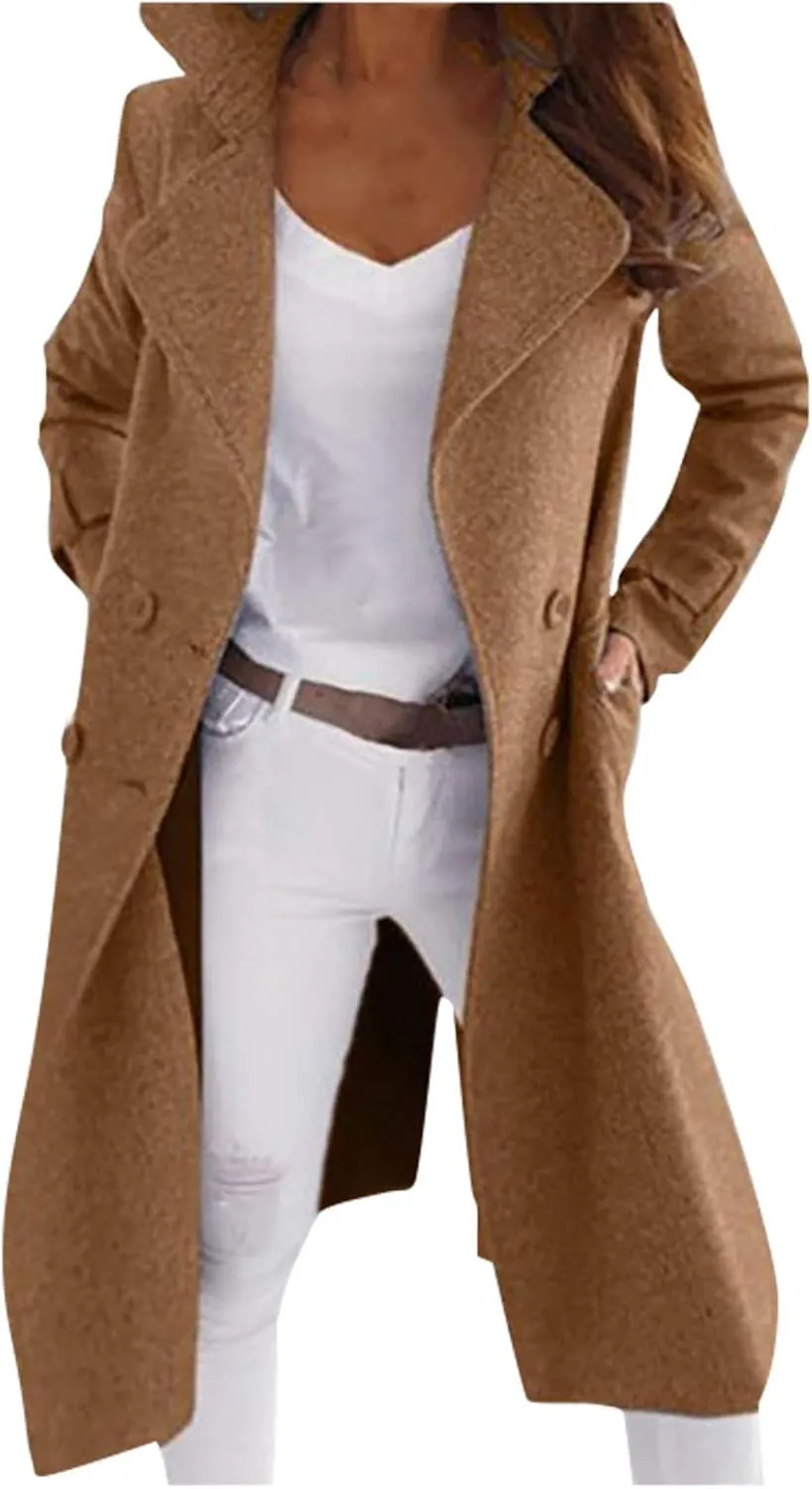 Womens Trench Coat Cashmere Wool Blend Winter Coat Single Breasted Long Sleeve Work Office Pea Coats Overcoat
