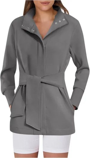 Womens Trench Coat, Mid Long Elegant Outerwear Coats Classic Trendy Overcoats Lapel Winter Solid Jackets with Belt