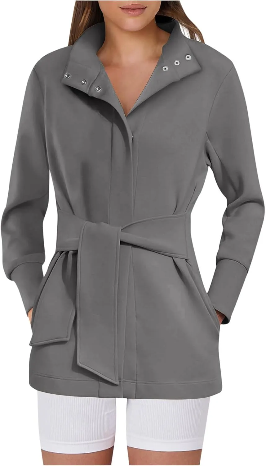 Womens Trench Coat, Mid Long Elegant Outerwear Coats Classic Trendy Overcoats Lapel Winter Solid Jackets with Belt