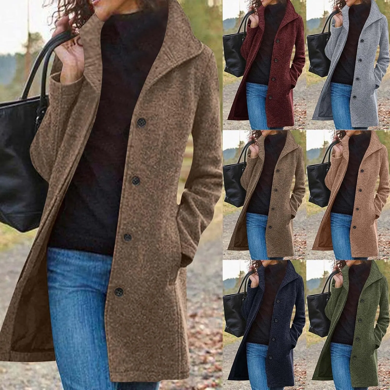 Womens Trench Coat Winter Wool Blend Notch Lapel Peacoats Camel Mid-Long Button Down Winter Jackets Outwear