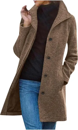 Womens Trench Coat Winter Wool Blend Notch Lapel Peacoats Camel Mid-Long Button Down Winter Jackets Outwear