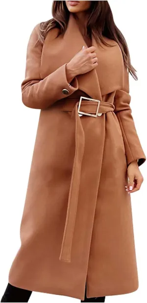 Womens Trench Coat Winter Wool Blend Pea Coat Casual Notched Lapel Collar Overcoat Belted Long Jacket Outerwear