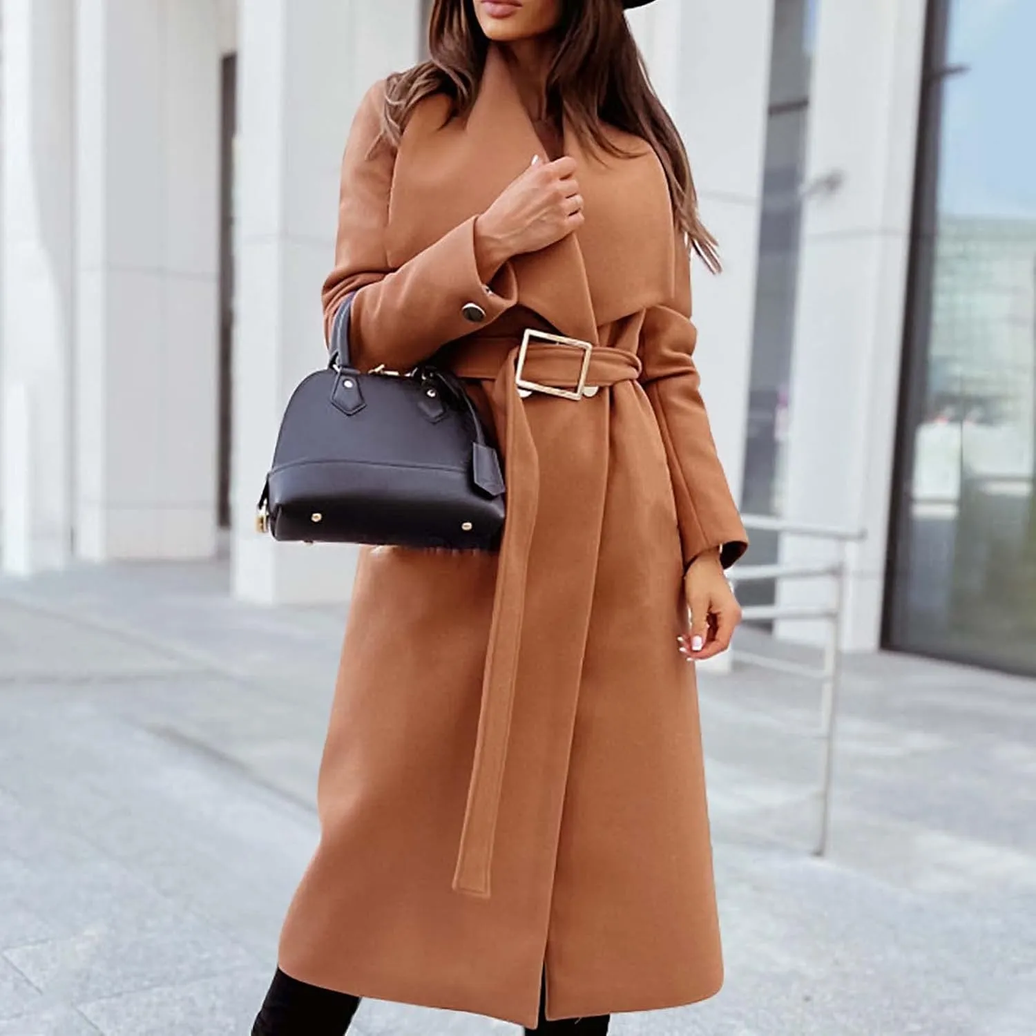 Womens Trench Coat Winter Wool Blend Pea Coat Casual Notched Lapel Collar Overcoat Belted Long Jacket Outerwear