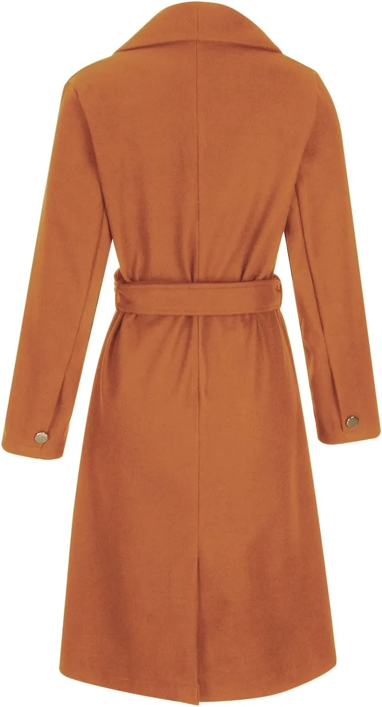 Womens Trench Coat Winter Wool Blend Pea Coat Casual Notched Lapel Collar Overcoat Belted Long Jacket Outerwear