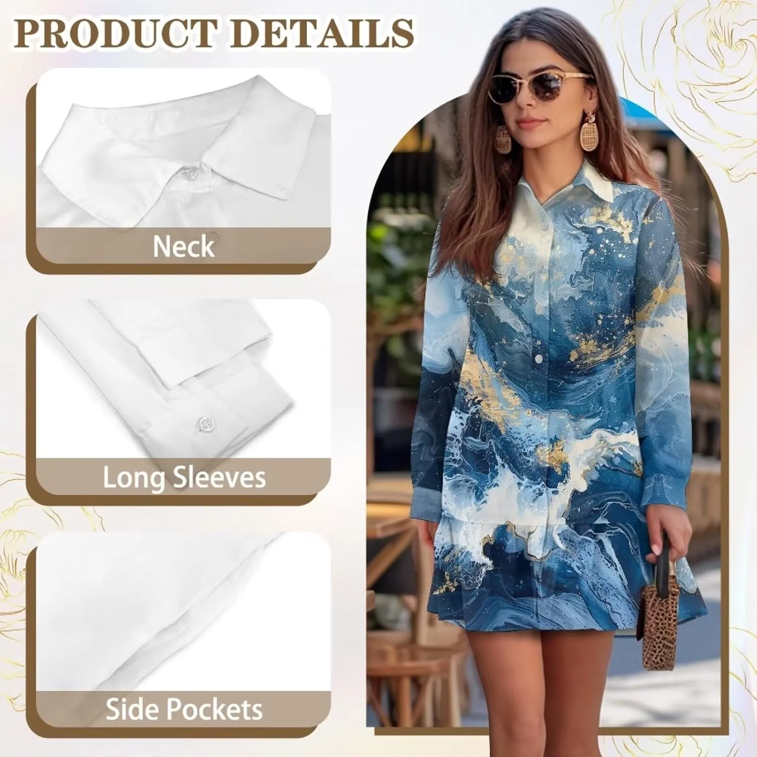 Women's V Neck Long Sleeve Shirt Dress Button Down Tunic Mini Shirt Dress with Pocket