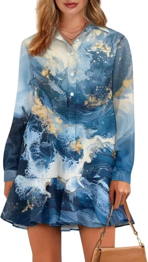 Women's V Neck Long Sleeve Shirt Dress Button Down Tunic Mini Shirt Dress with Pocket