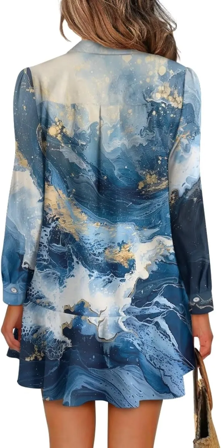 Women's V Neck Long Sleeve Shirt Dress Button Down Tunic Mini Shirt Dress with Pocket