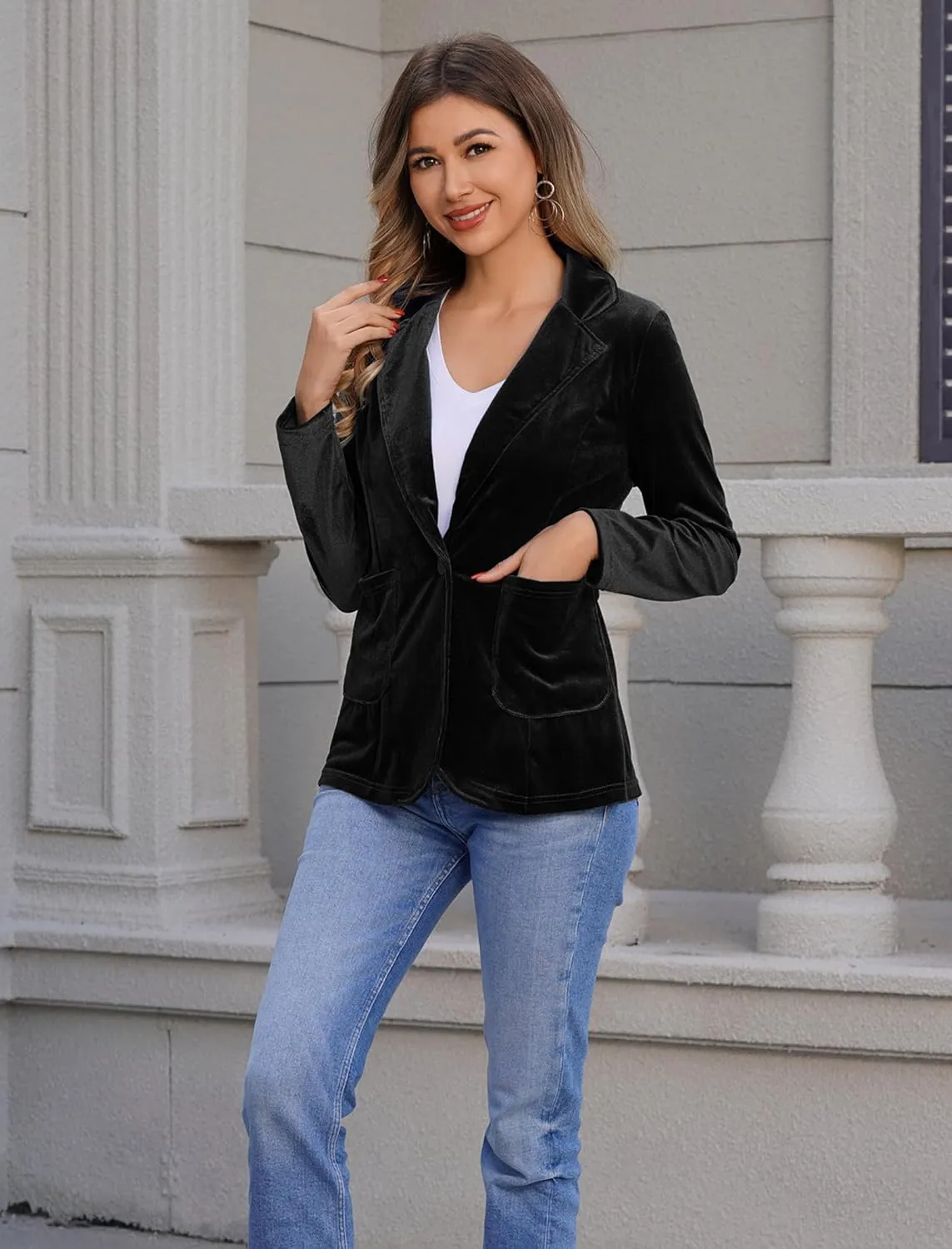 Women's Velvet Blazer Long Sleeve Open Front Button Jacket Outwear with Pockets