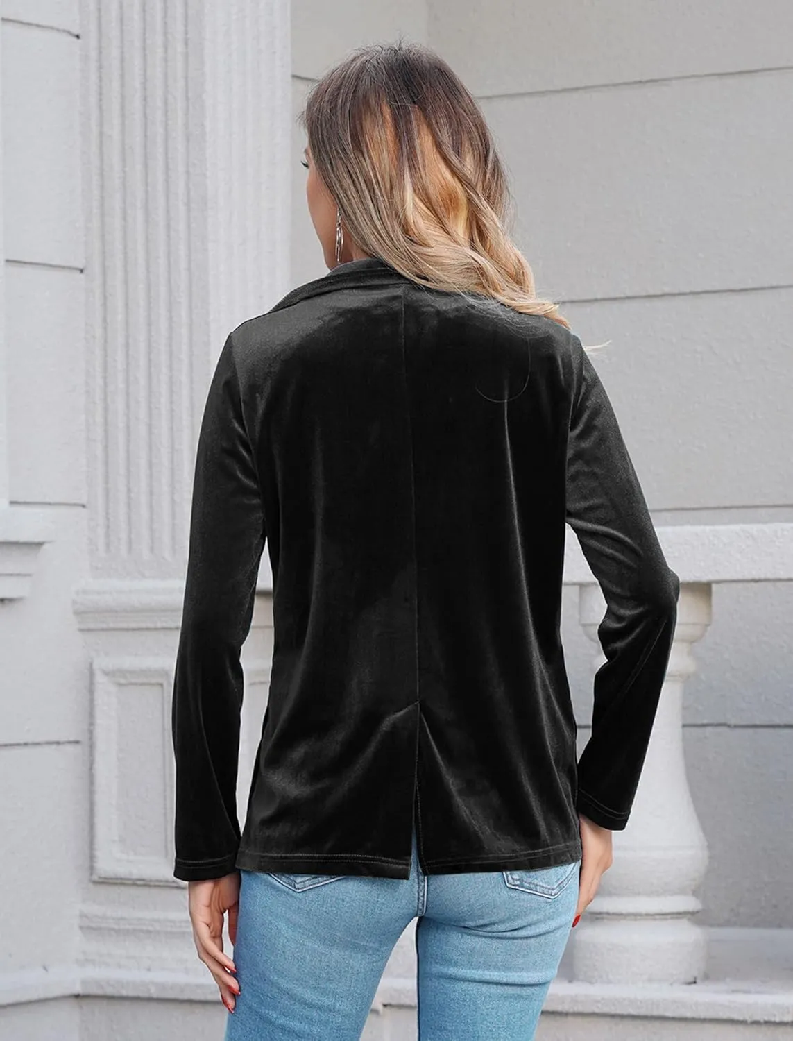 Women's Velvet Blazer Long Sleeve Open Front Button Jacket Outwear with Pockets