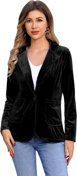 Women's Velvet Blazer Long Sleeve Open Front Button Jacket Outwear with Pockets
