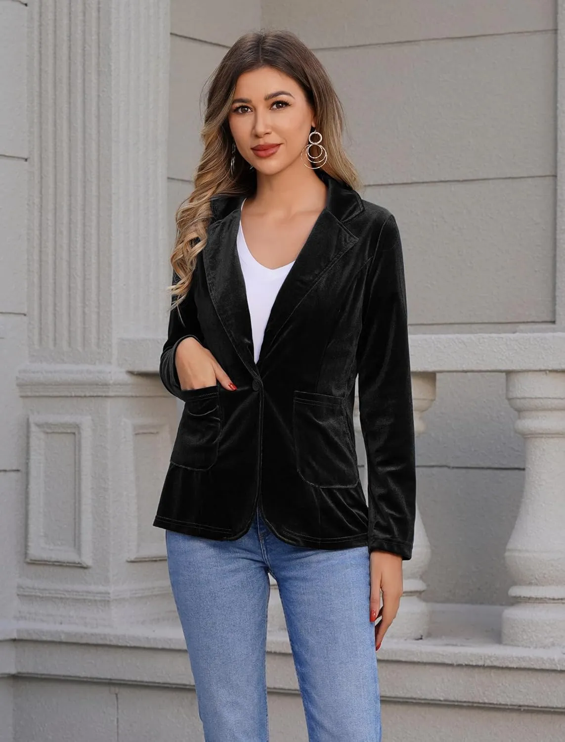 Women's Velvet Blazer Long Sleeve Open Front Button Jacket Outwear with Pockets