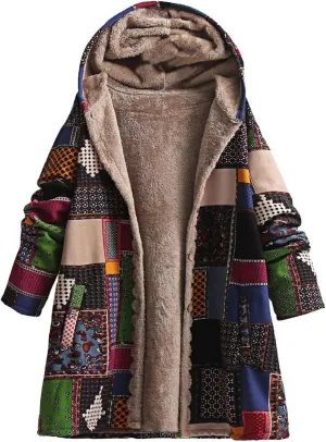 Womens Winter Patchwork Sherpa Fleece Lined Jacket Ethnic Button Up Hooded Coat Long Sleeve Warm Cozy Trench Coats