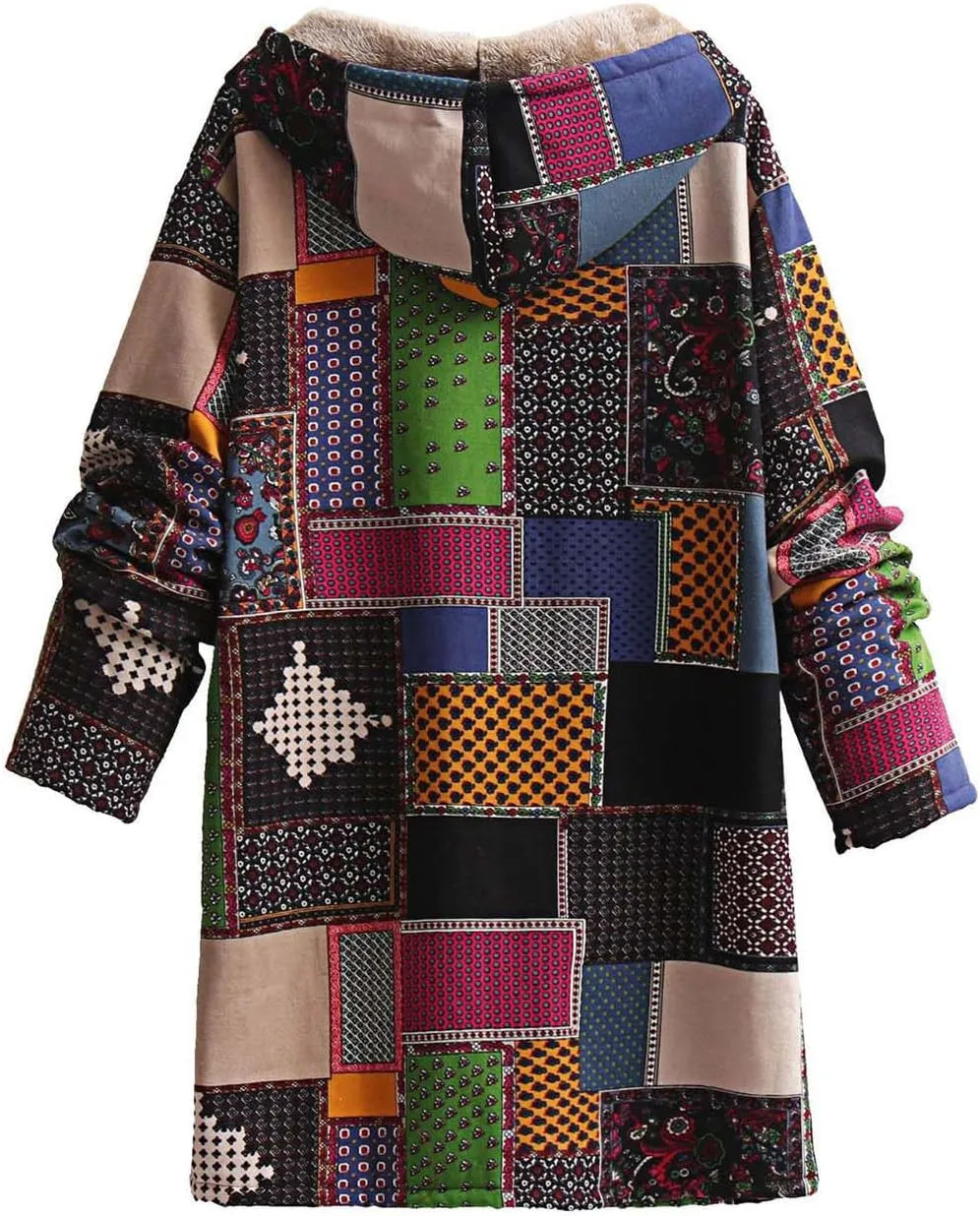 Womens Winter Patchwork Sherpa Fleece Lined Jacket Ethnic Button Up Hooded Coat Long Sleeve Warm Cozy Trench Coats