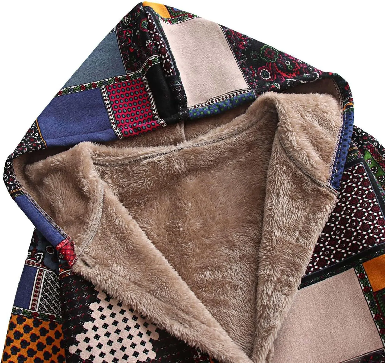 Womens Winter Patchwork Sherpa Fleece Lined Jacket Ethnic Button Up Hooded Coat Long Sleeve Warm Cozy Trench Coats