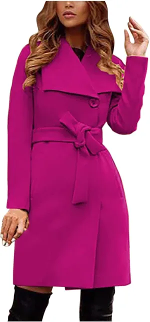Women's Winter Pea Coat Wool Trench Coat Wrap Collar Jacket Outwear Single Breasted Mid-Long Coat with Belt