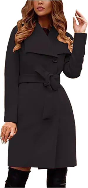 Women's Winter Pea Coat Wool Trench Coat Wrap Collar Jacket Outwear Single Breasted Mid-Long Coat with Belt
