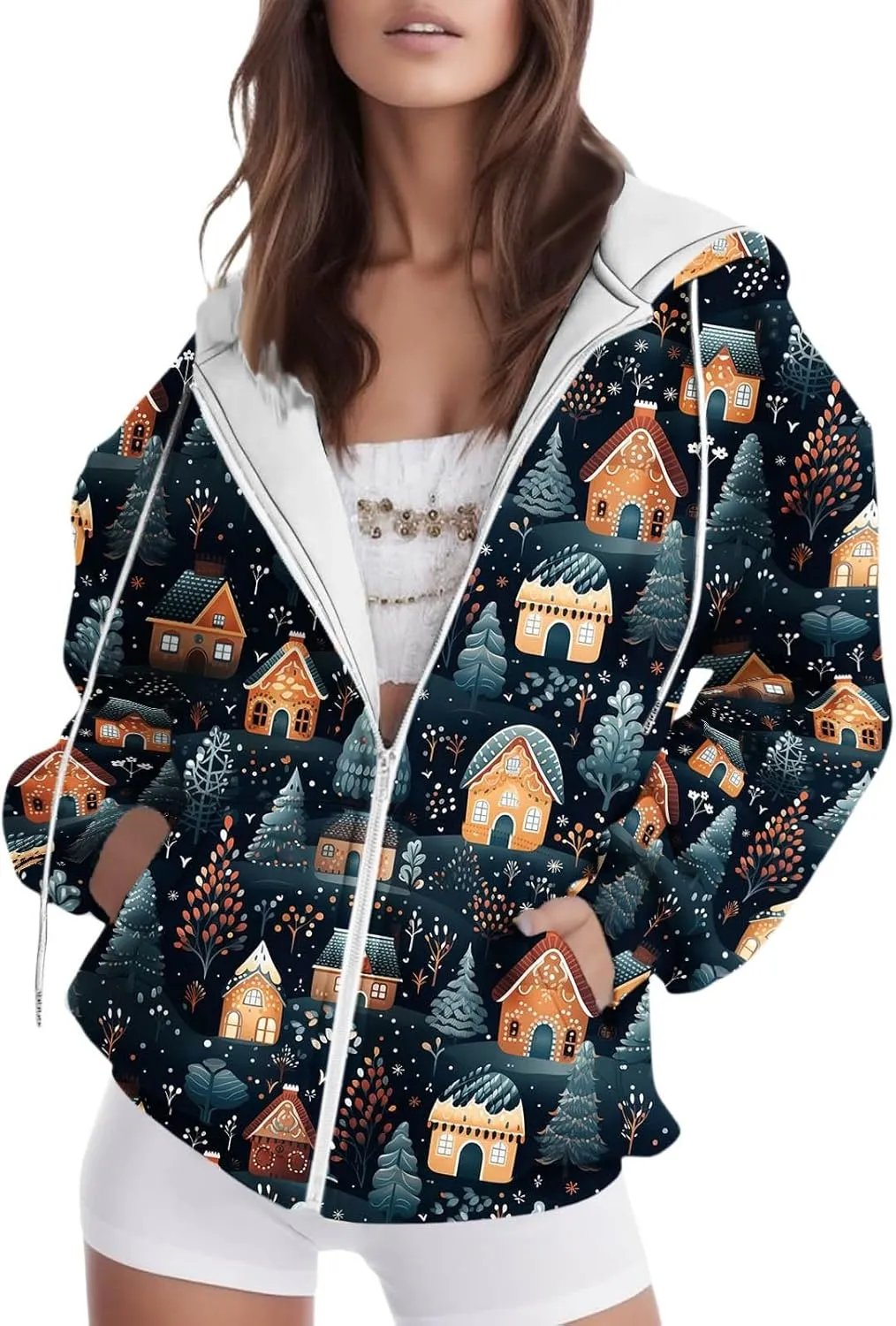 Women's Zip Up Hoodies Oversized Novelty Print Long Sleeve Crewneck Jacket Xmas Pullover with Pockets