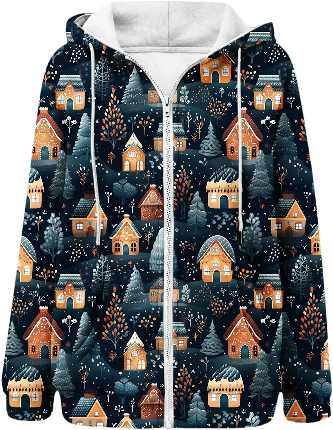 Women's Zip Up Hoodies Oversized Novelty Print Long Sleeve Crewneck Jacket Xmas Pullover with Pockets