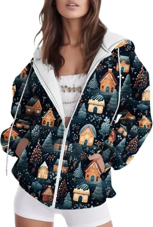Women's Zip Up Hoodies Oversized Novelty Print Long Sleeve Crewneck Jacket Xmas Pullover with Pockets