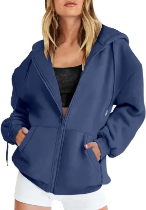 Women's Zip Up Hoodies Solid Color Oversized Sweatshirt Clothing Fall Casual Drawstring Jacket with Pockets
