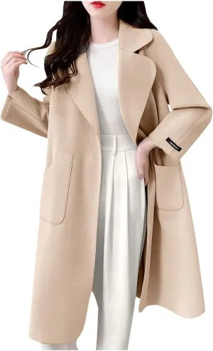 Wool Coats for Women Winter Warm Wool Blend Pea Coat Single Breasted Lapel Collared Trench Coat Overcoat with Pockets