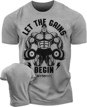 Workout Shirts for Men, Let The Gains Begin Gym Shirt Funny Sayings Lifting T-Shirt
