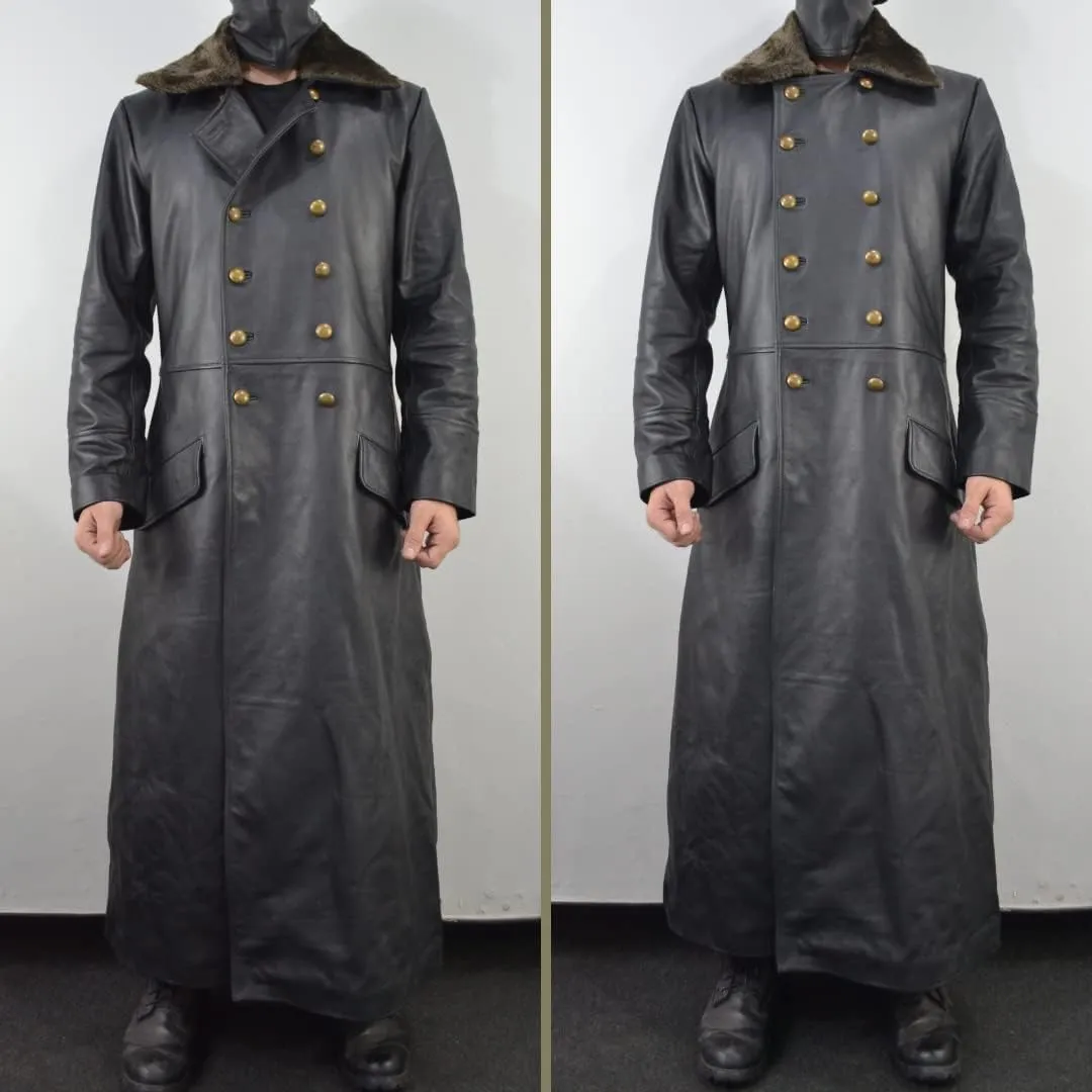 World War 2 Leather German Coat - Waffen Elite Officers Military Uniform Coat - WW2 Fur Collar Black Long Trench Leather Coat