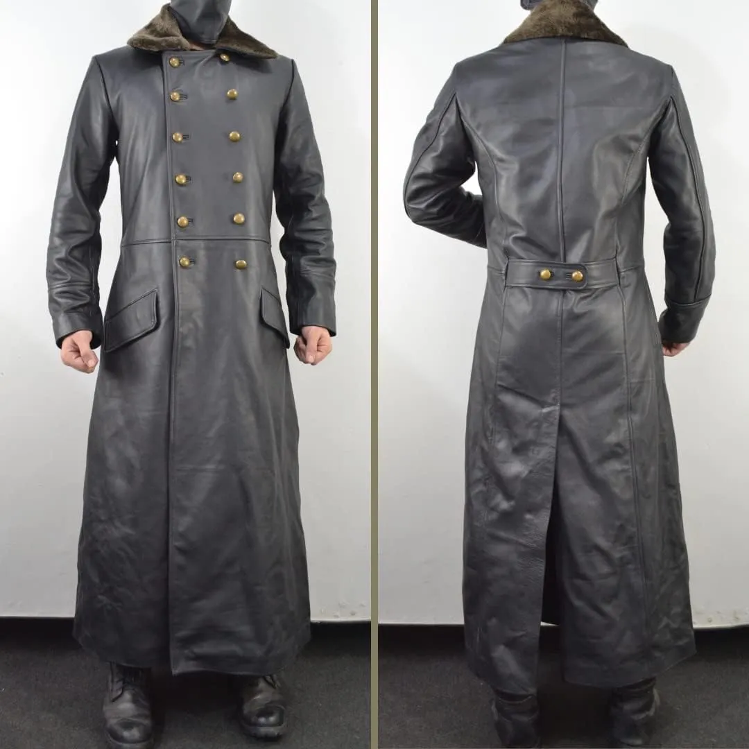 World War 2 Leather German Coat - Waffen Elite Officers Military Uniform Coat - WW2 Fur Collar Black Long Trench Leather Coat